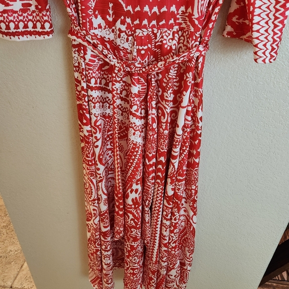 Women's Red Printed Belted Summer Jersey Dress Tropical Vacation Spring - Picture 4 of 6